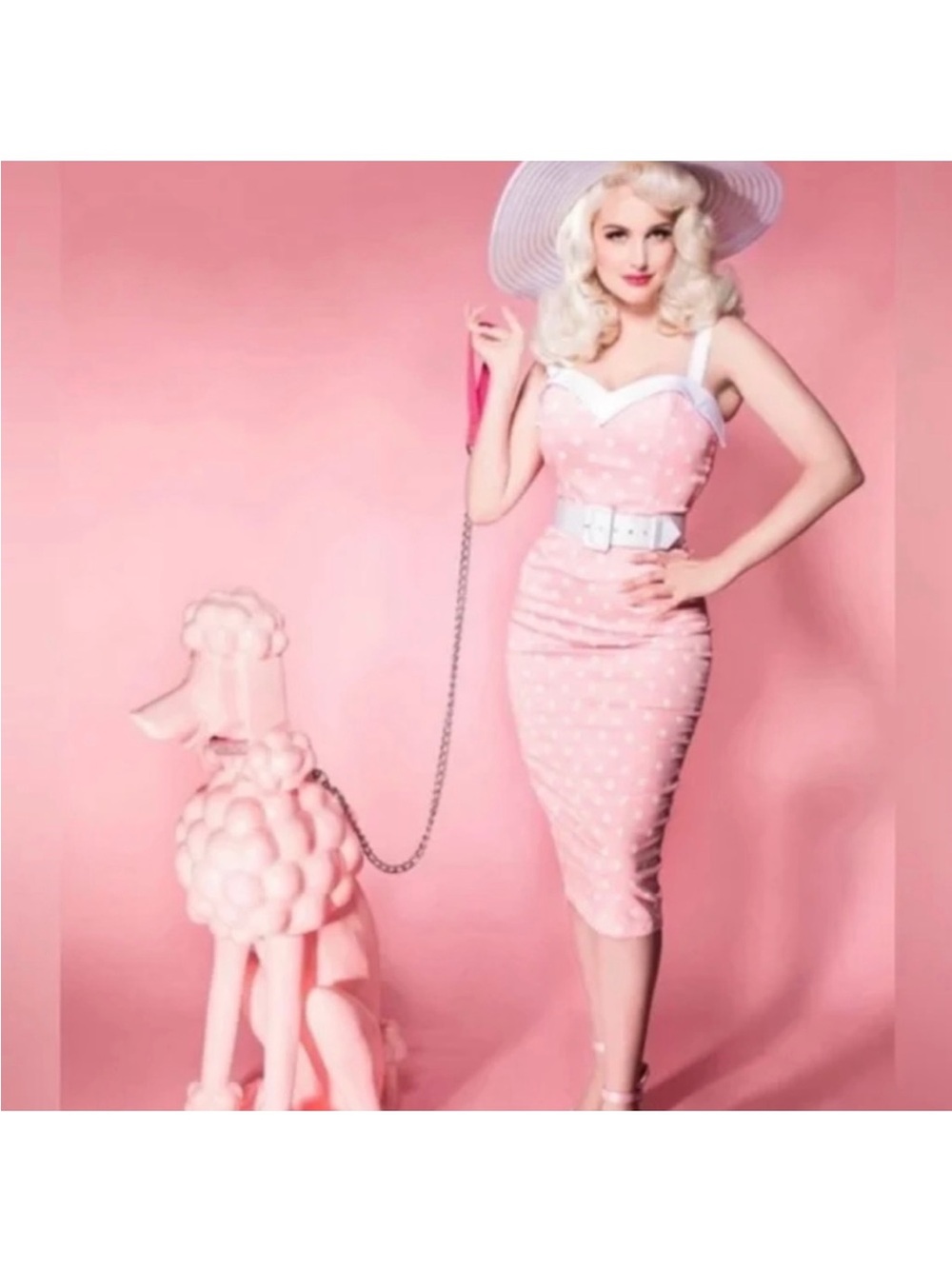 Pink Polka Dot Wiggle Dress with White Trim
